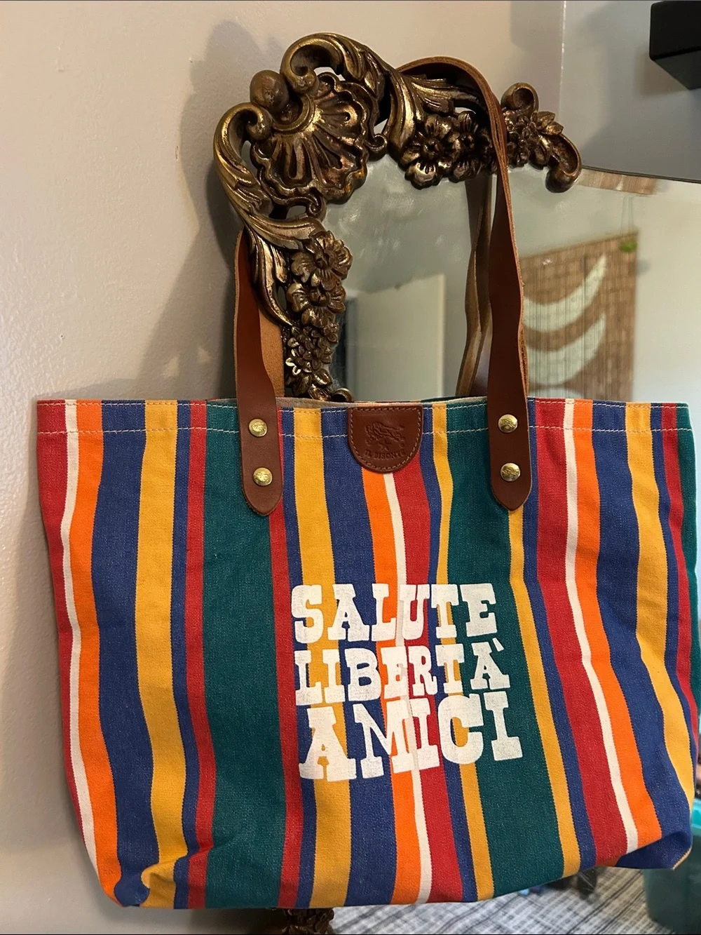 IL Bisonte Striped Canvas Tote Bag with Leather Handles - Multicolor